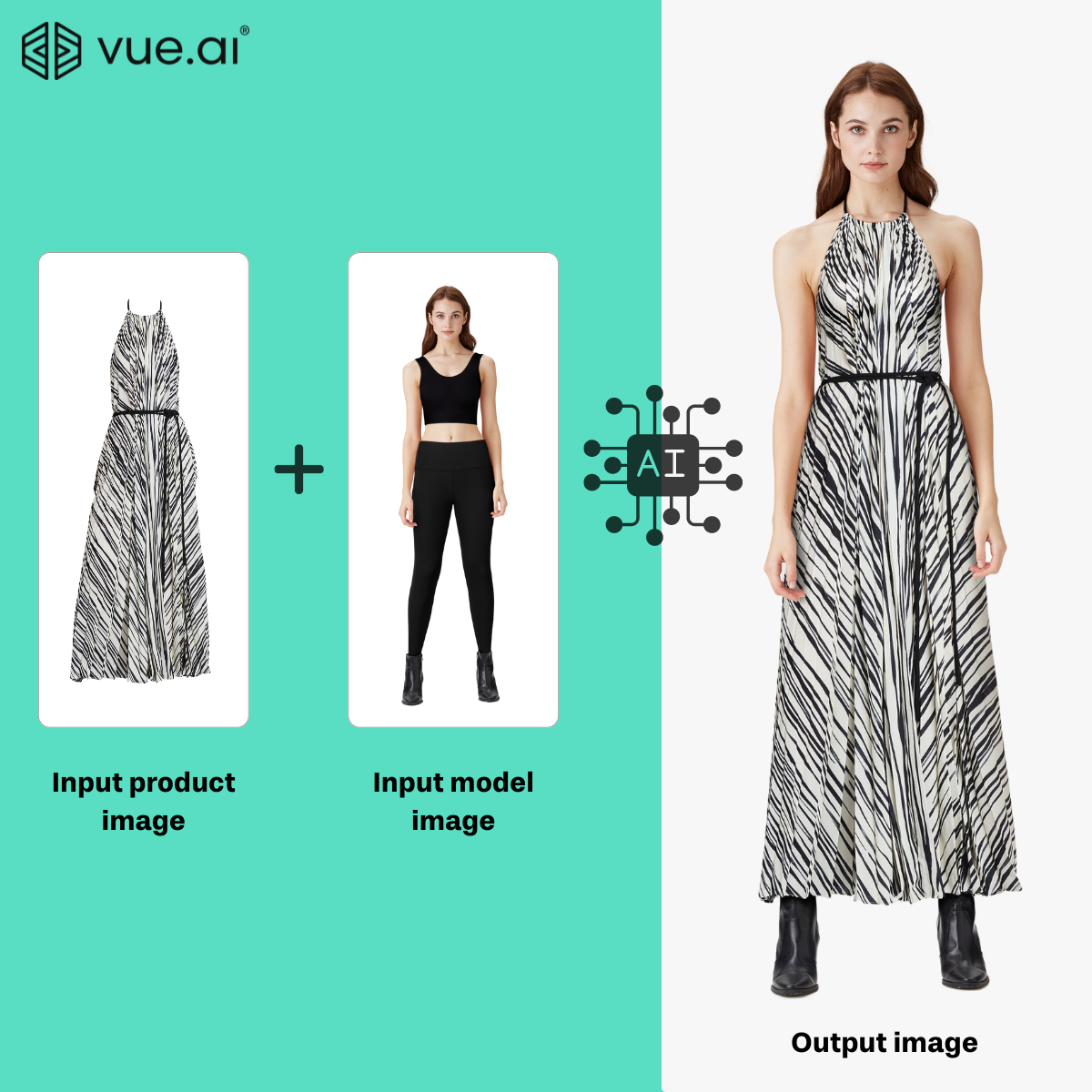 AI powered on-model imagery - Here's how it works. 

The input product and the model images are synchronised using AI to form an on-model imagery.
